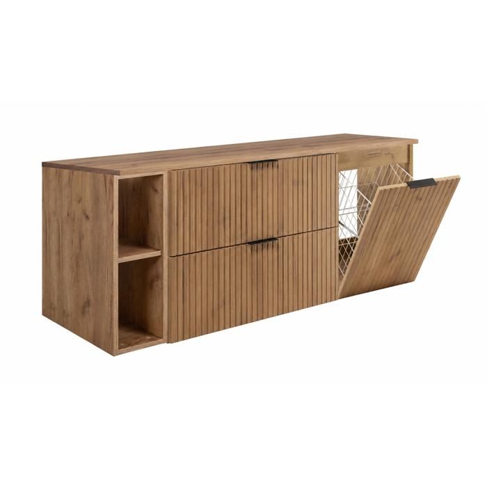 Meuble sous vasque - Chêne Craft / Poignées Noires - Panier à linge - Suspendu - 140x46x57 cm