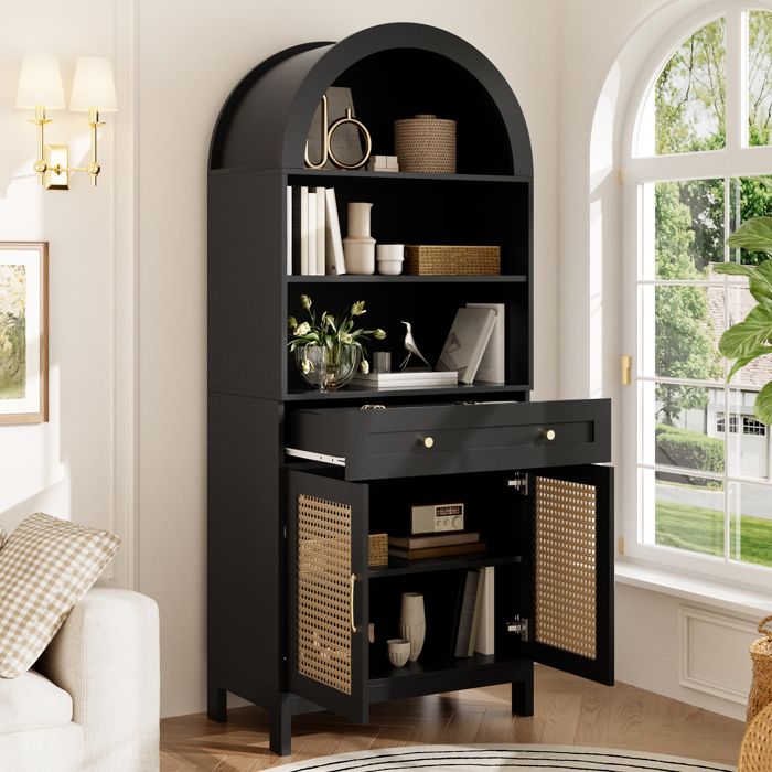 Armoire vitrine de rangement moderne - Portes en rotin - Design cintré - 3 compartiments dexposition - 2 portes