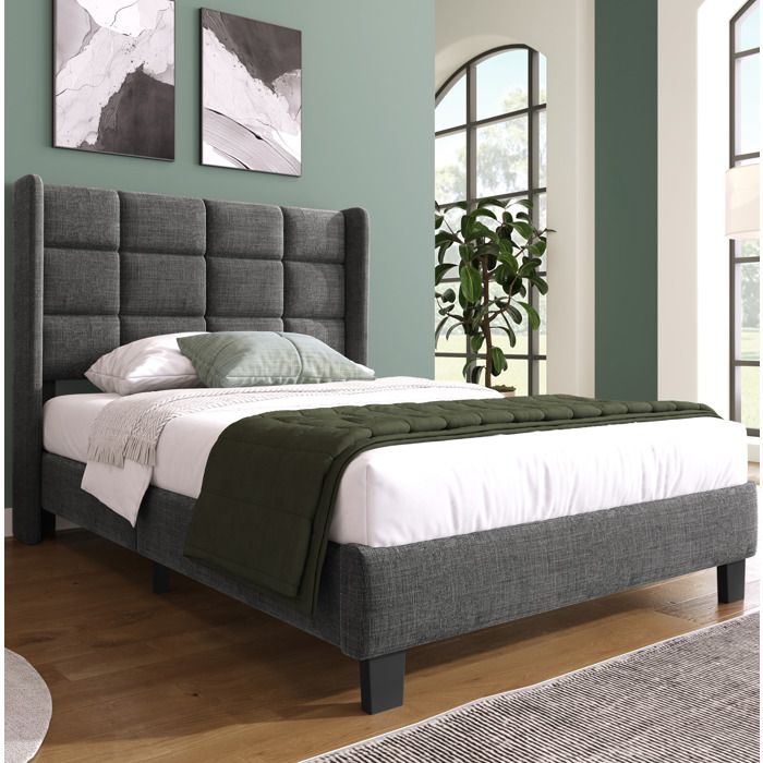 Lit capitonné 1 place 90x200 cm gris en lin avec tête de lit haute sommier à lattes en bois inclus sans matelas