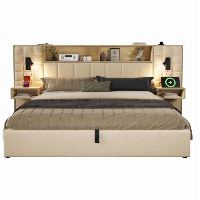 Lit coffre 160x200 beige avec LED lampes de lecture tables de chevet intégrées USB Type-C lin JOINERY