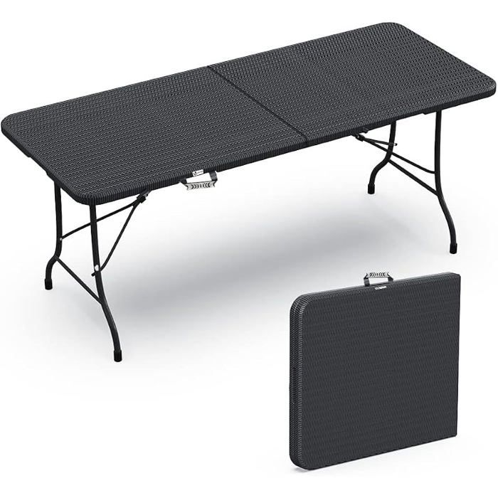 Table Pliante de Pique Nique 180x75x72cm HDPE 8 Pces Rectanguire Fonction Valise Portable Table Pliable 1xTable/Noir TABLE MURALE