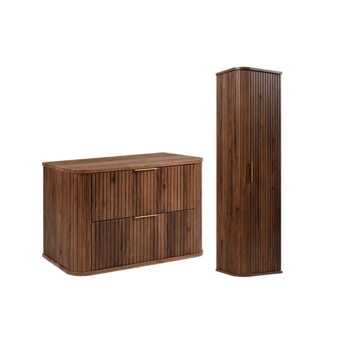 Ensemble meuble de salle de bain - 3XE LIVING - 80x52x42 cm - Noyer - Meuble 2 tiroirs - Colonne 1 porte