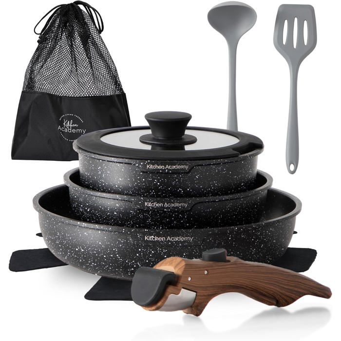 BATTERIE DE CUISINE-ZENATERRA-Batterie de cuisine 10 pièces induction poêles et casseroles poignée amovible noir