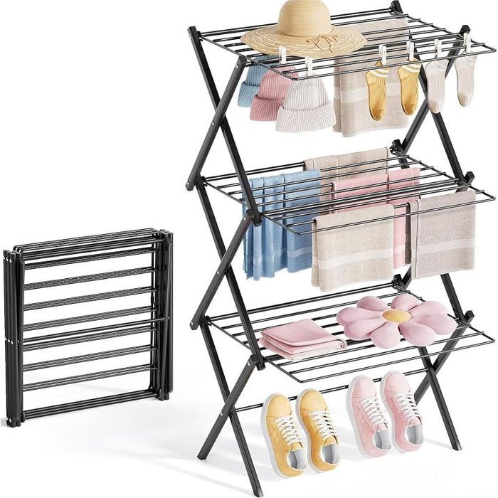 Etendoir Linge Interieur Pliable - Sechoir a Linge Pliable 3 Étagères Métallique Extérieur - et Extensible Gain de Place (Noir)