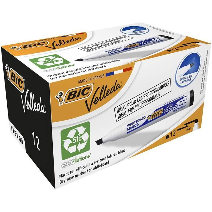BIC Velleda 1721 Feutres pour Tableau Blanc Effa/çables /à Sec Pointe Conique Fine Noir Bo/îte de 24
