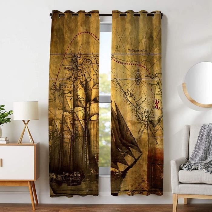 Rideaux Occultants Thermiques Anti-Froid 2 Pièces - Motif Carte Pirate 3D, Isolation 95% Lumière Et Bruit, Pour Chambre Enfant Ou Salon (183x214 Cm)