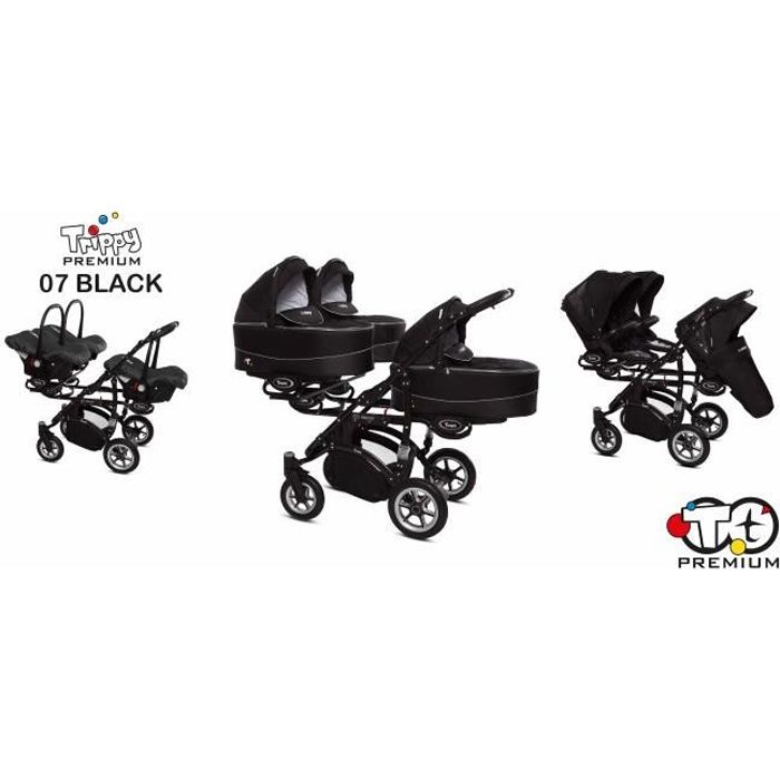 Poussette Trippy premium pour triplés noir - 3 assises - Bébé - 4 roues - Blanc