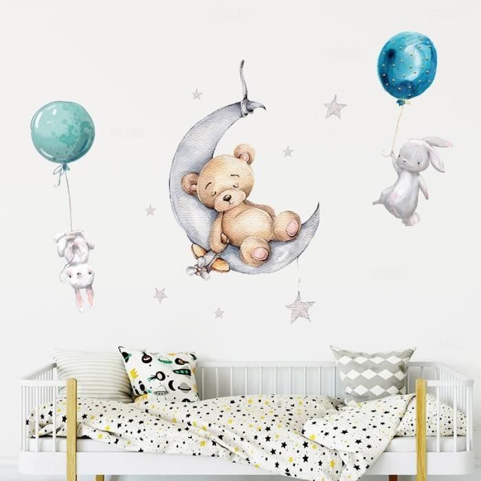 Stickers chambre bébé, Ensemble de 3 stickers, stickers muraux enfants,  autocollant lapin ballon, Ours sur la lune, garçon, fille - Cdiscount Maison