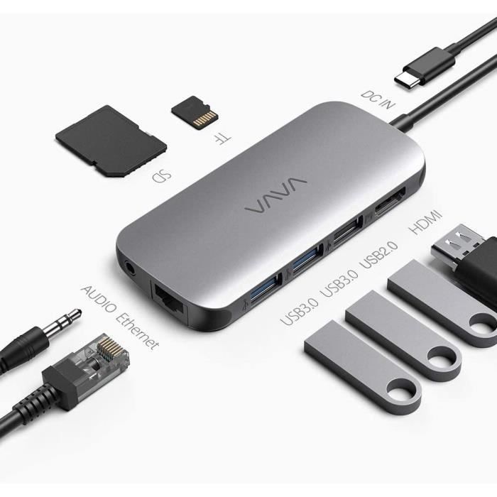 VAVA Hub USB C 9 en 1 USB-C Adaptateur 4K HDMI, Thunderbolt 3 PD 100W, RJ45 Ethernet, USB 3.0/2.0, Lecteur de Carte SD/TF, Audio 3,5