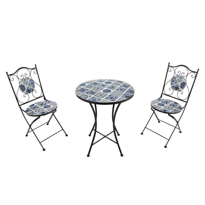 Ensemble Bistro - AXI - Amélie - 2 Chaises Pliantes - Table Rond - Mosaïque Bleu Delft