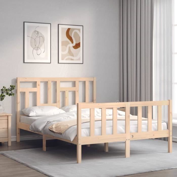 lit - jng - cadre de lit avec tête de lit 140x190 cm bois massif - blanc - campagne - a lattes
