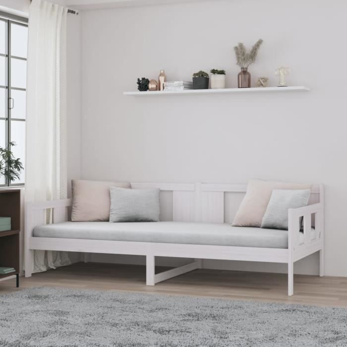 lit de jour blanc bois massif de pin 90x190 cm - fafeicy - lisa - campagne - avec sommier à lattes