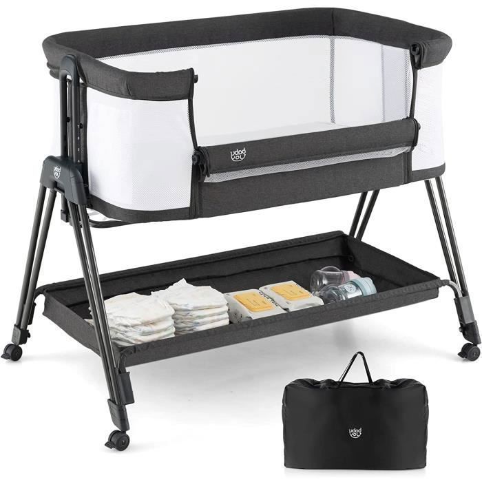 Lit Cododo Bébé 0-6 Mois-GOPLUS-7 Hauteurs Réglables-Berceau Inclinable & Mobile-Étagère et Sac de Transport Gris Foncé