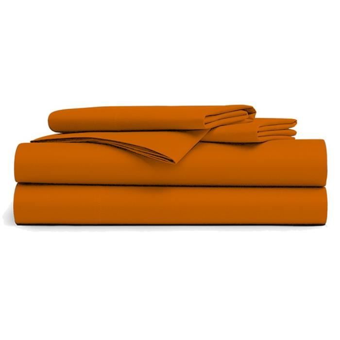 Drap Plat - ORANGE - 180x290cm - 100% Coton - 57 Fils/cm - Lavable en Machine