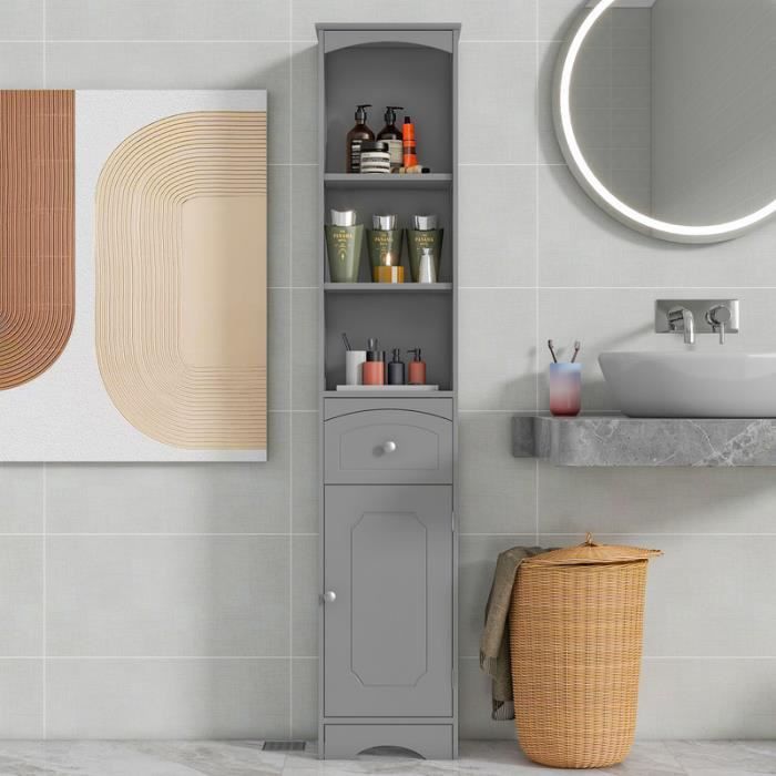 meuble de salle de bain, colonne salle de bain avec 1 tiroir, étagères réglables, compartiment ouvert, 34 x 24 x 170 cm, gris clair