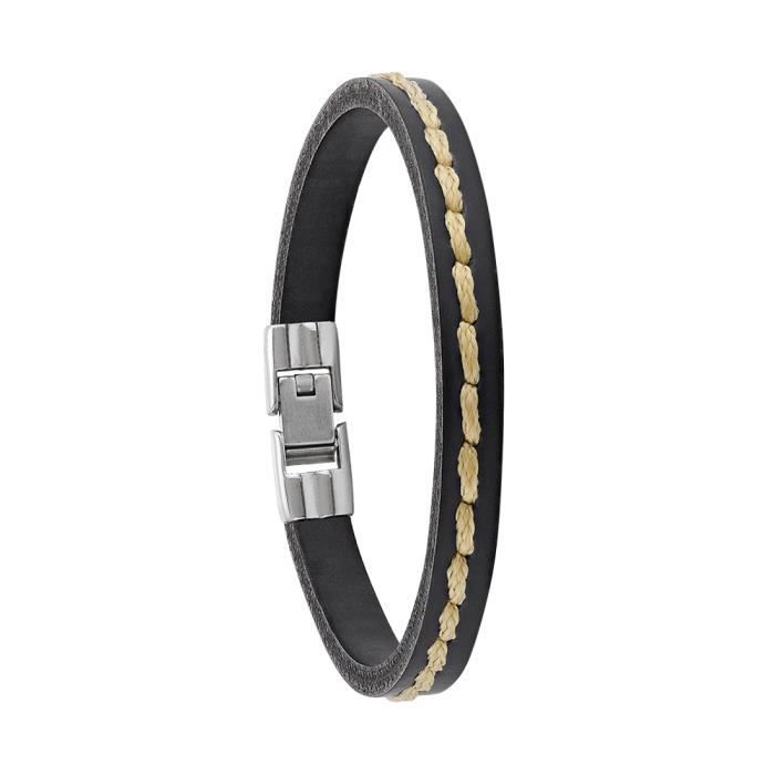 Jourdan Bijoux - Bracelet homme - TE009H - Cuir noir - Corde beige - Achat  / Vente bracelet - gourmette Jourdan Bijoux - Bracelet h Homme Adulte Cuir  Noir Noir - Cd