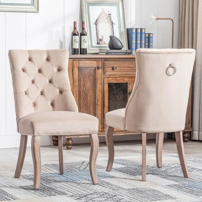 chaises capitonnées beige en velours - style classique & design - pieds en bois - lot de 2