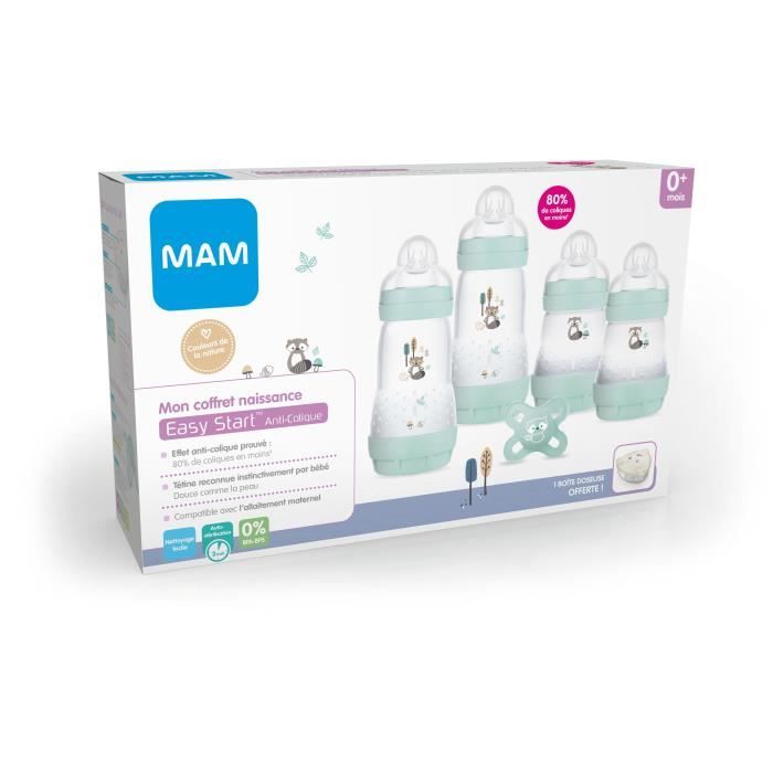 Coffret Naissance MAM Nature - Aqua - 4 Biberons + 1 Sucette + 1 Boite Doseuse
