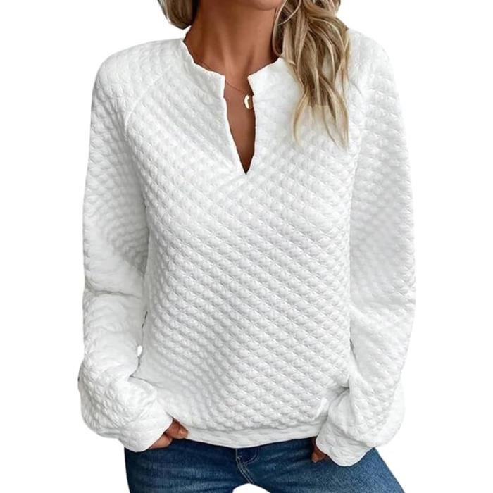 Pull a col crante pour Femme Sweat Shirt a Manches Longues epaules Tombantes Couleur Unie col en V Blanc Blanc Cdiscount Pret a Porter