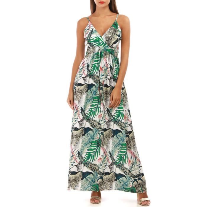 Robe Longue Blanche A Motif Feuilles Et Col Cache Coeur Blanc