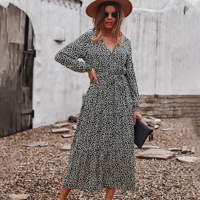 Robe femme chic - Mode ?�l?�gant - Manches longues - Col en V - Imprim?� floral Noir - Cdiscount 