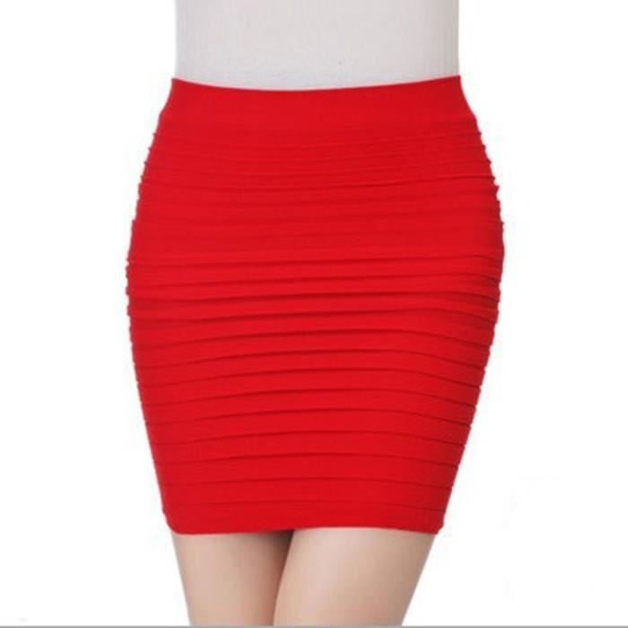 Jupe moulante pliss?�e ?� taille haute pour femme - YF173 Rouge - Type de tissu m?�lang?� - ??ge 18 