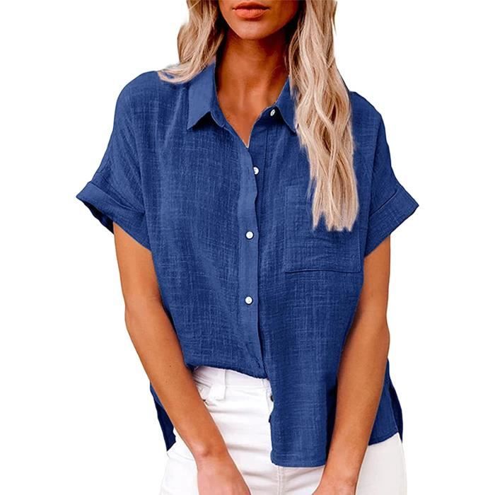 Chemisette d ete en lin pour femme Manches courtes Col en V Grandes tailles Tunique en lin Couleur unie ample et elegant Bleue Bleue Cdiscount Pret a Porter