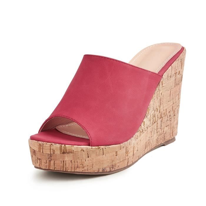 Sandales Femme a Talon Compense INSFITY Rouge Plateforme Bout Ouvert Confortable