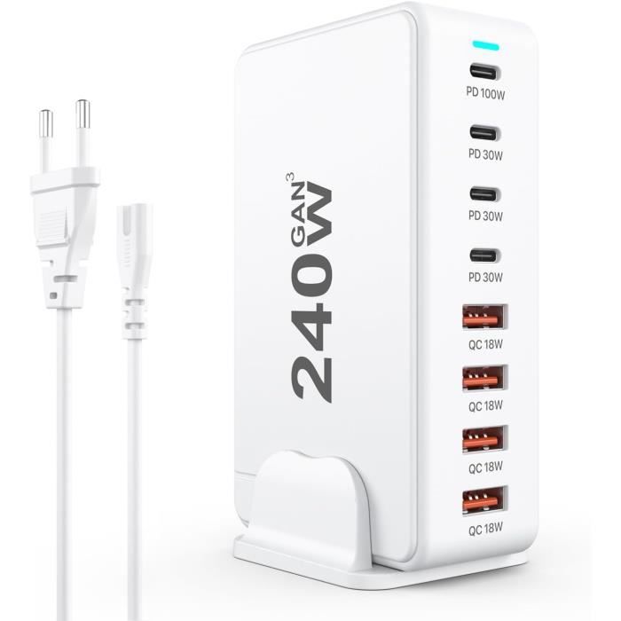 Chargeur USB-C GaN 100W 4 Ports - Rapide Pour IPhone 16/15/14 Pro Max, MacBook, IPad, Galaxy - Câble 2m Inclus - Noir