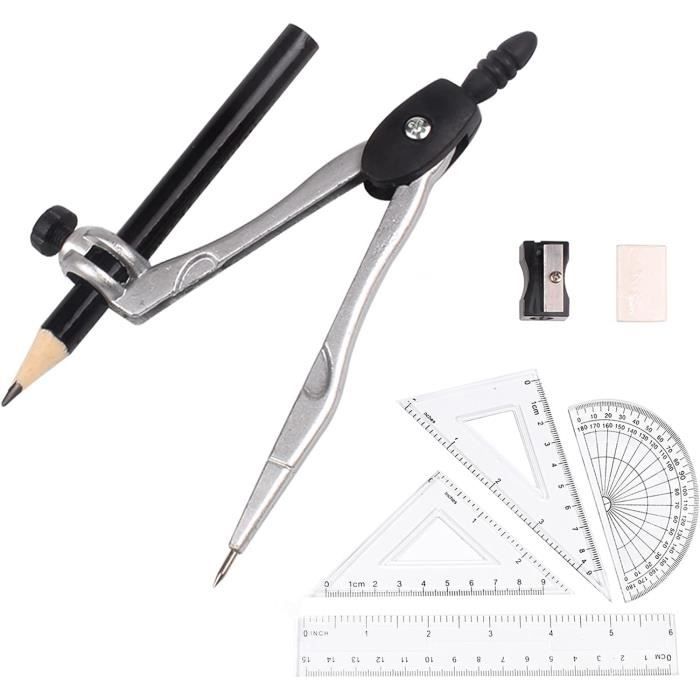 Kit De Géométrie 7 Pièces - Compas, Règles, Rapporteur Et Équerres Pour Étudiants Et Artistes