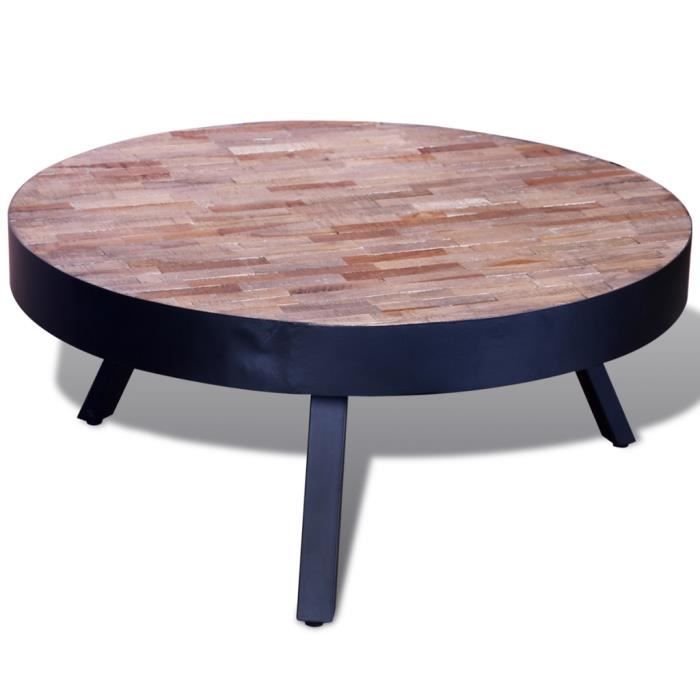 Table Basse Ronde En Bois Teck Recycle Avec 3 Pieds En Metal Style