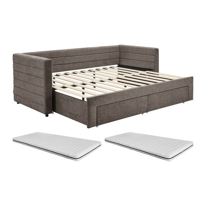 Lit gigogne 2 x 80 x 200 cm - Avec sommier peigne et tiroirs - Tissu texturé - Taupe + Matelas - CAMITY Lit gigogne 2 x 80 x 200 cm - Avec sommier peigne et tiroirs - Tissu texturé - Taupe + Matelas - CAMITY