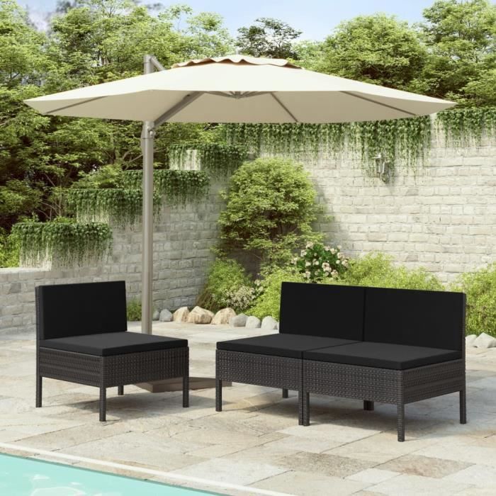 vidaXL Chaises de jardin 3 pcs avec coussins Résine tressée Noir