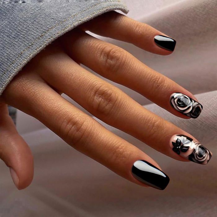Kit Nail Art 12 Capsules Faux Ongles Prêts à Poser + Colle - French Noir Et Blanc