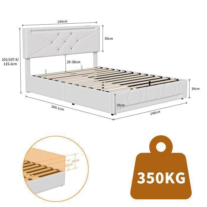 Lit coffre 140x190 cm - Lit Double avec LED RGB, Station de Charge USB/Type-C et Rangement Hydraulique - Similicuir PU Grain Litchi - Noir