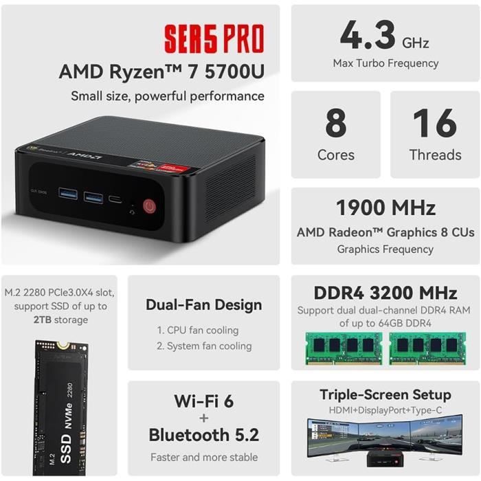 Ser5 Pro Mini Pc, Amd Ryzen 7 5700U (Jusqu'À 4,3 Ghz) 8C-16T, Mini  Ordinateur De 32 Go Ddr4 Ram 1 To Nvme Ssd, Mini Ordinateu[H287] -  Cdiscount Informatique