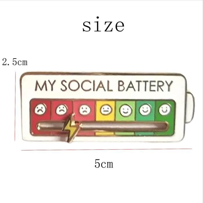 Broche D'humeur "Ma Batterie Sociale" - 2 Pièces Noir & Blanc - Aiguille Réglable 7 Niveaux - Pour Sac, Veste - 4