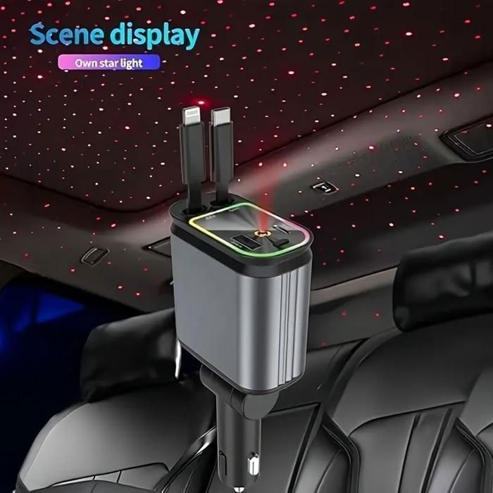 Chargeur Voiture 4 En 1 Rétractable 66W USB-C Avec Lumière étoilée - Réglable 180° - IPhone Samsung - 5