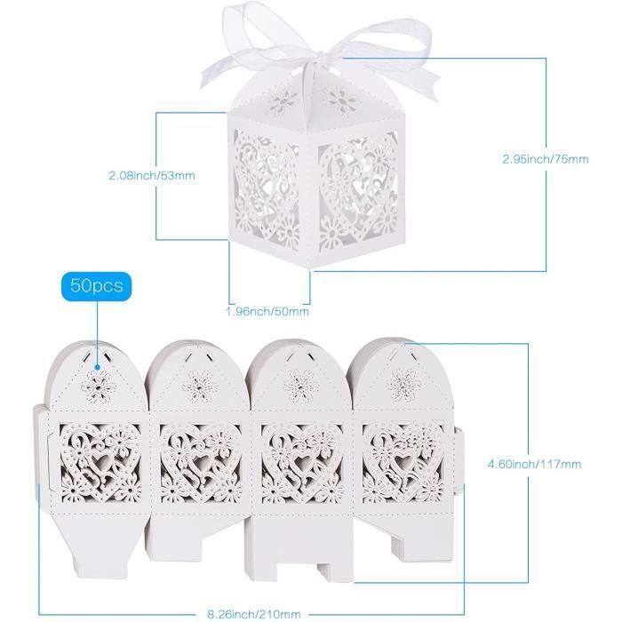 50 PCS Boîtes à Dragées Mariage Blanches 5x5x7cm Avec Rubans - Faveurs Baptême Anniversaire