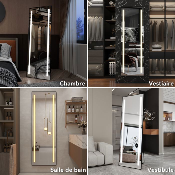 Miroir Sur Pied LED XXL 150x50 Cm – 3 Couleurs Dimmables, Cadre Aluminium, Avec Support Mural Inclus - 12