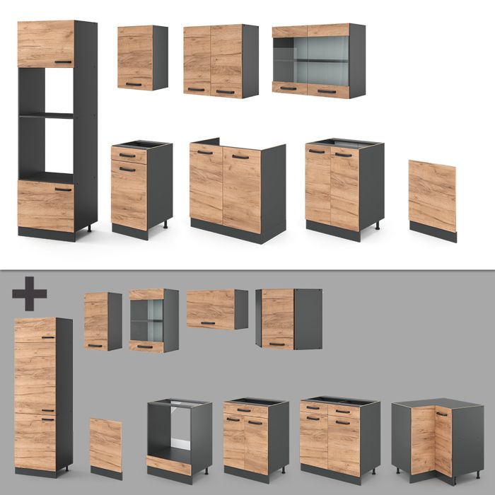 Cuisine Intégrée Vicco R-Line 300 Cm - Couleur Béton - Panneaux 16 Mm Plaqués - Neuve