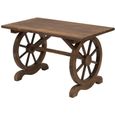 Table basse de jardin style rustique chic piètement roues charette bois sapin traité carbonisation-0