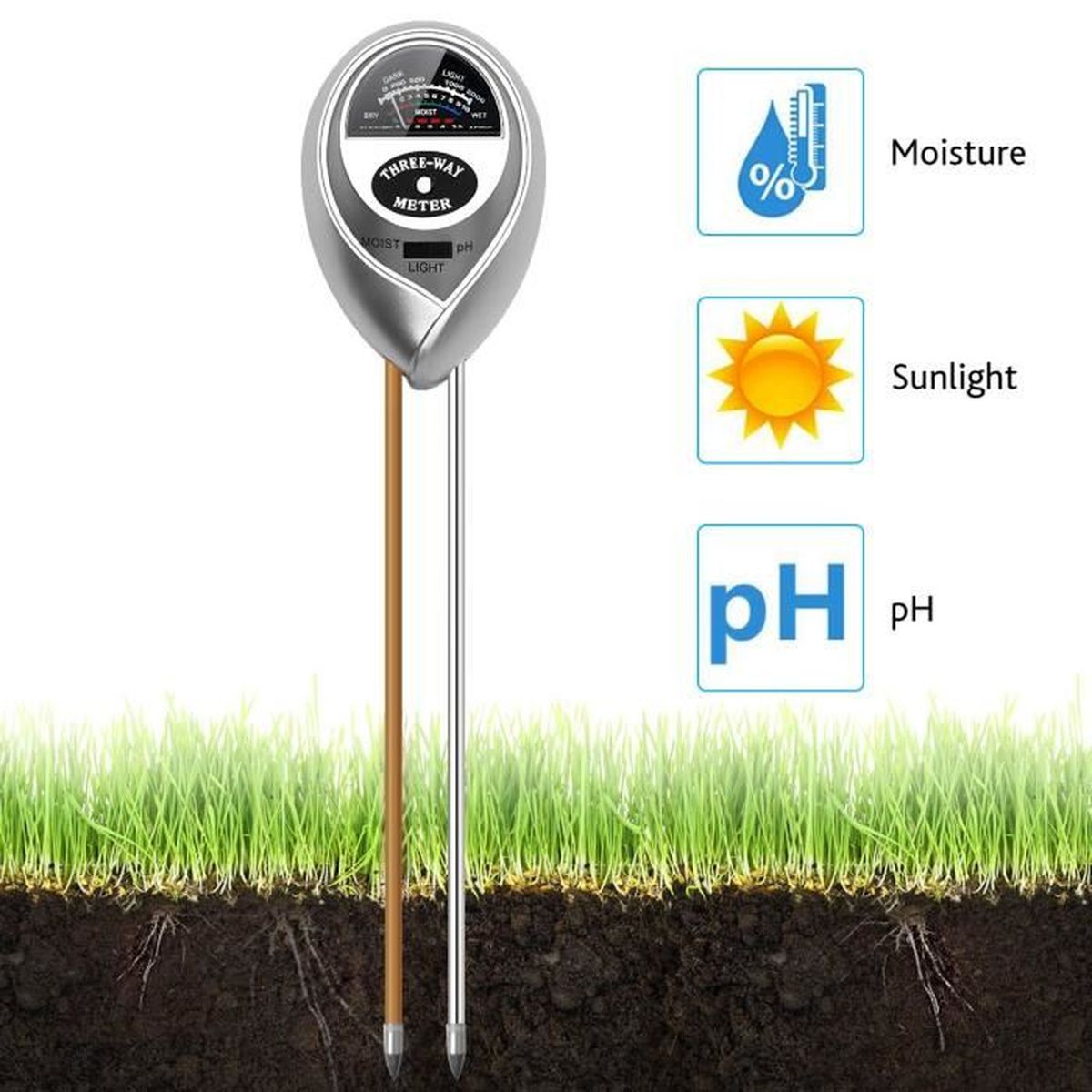 /Épreuve de lhumidit/é du sol de la lumi/ère et du pH Testeur de sol 3-en-1 M/ètre pour plantes int/érieures ou ext/érieures Fleurs Herbe et pelouse