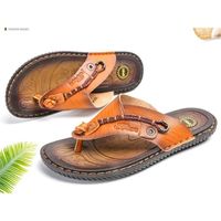 Tong,Tongs en cuir pour hommes, chaussures de plage respirantes à enfiler, de haute qualité, nouvelle marque, été - Type Kaki