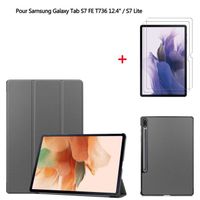 Tablette Coque Samsung Galaxy Tab S7 FE T736 12.4 / S7 Lite Gris Housse PU Cuir Avec Film de protection d'écran Film trempé 2 Pack