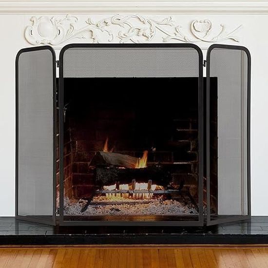 Pare-Feu MOBON Pour Cheminée - Fer Forgé Noir, 3 Panneaux Pliables, Protection Contre Les Étincelles