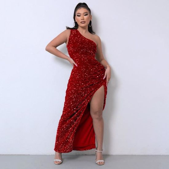 Robe de soir?�e asym?�trique ?�paule d?�nud?�e mode irr?�guli?�re sans manches paillettes Rouge Rouge 