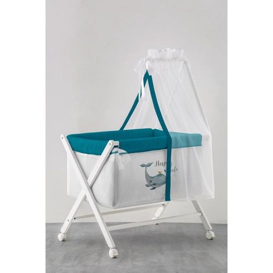 Mini Berceau Tanuki + Tissu Ours - Structure Bois Pliable Avec Roues