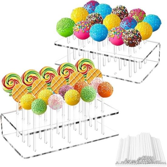 GOEDCH Présentoir Cake Pops Bois 21 Trous + 100 Bâtonnets - Support Sucettes Mariage Anniversaire