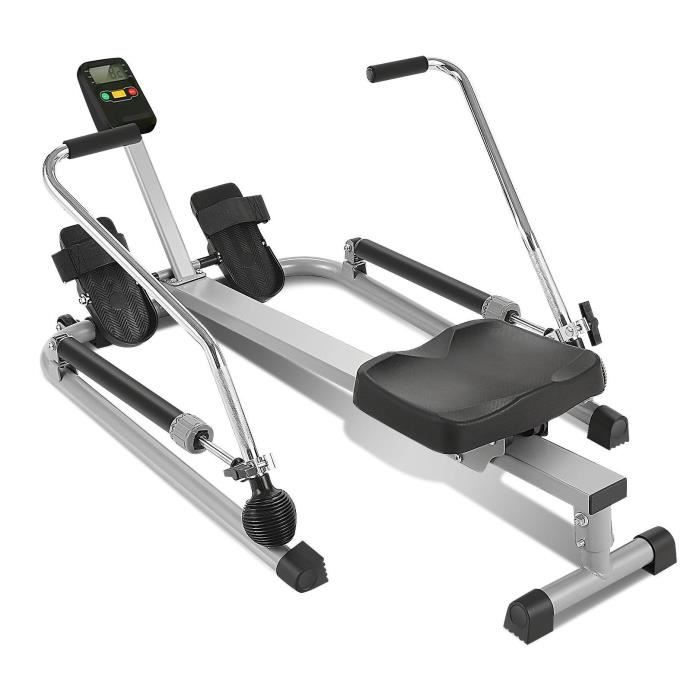Rameur d'apartement Pliable Résistance à 12 Niveaux pour Exercices Cardios-Grand Écran LCD-Support IPad-Cardio Exercice-Gris-CAROMA
